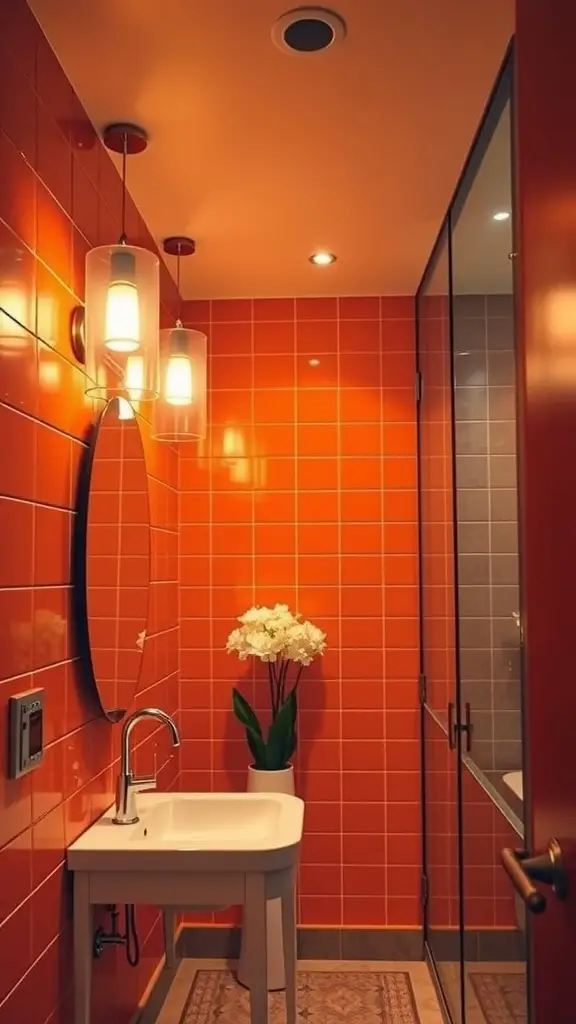 A vibrant orange bathroom with warm lighting fixtures.