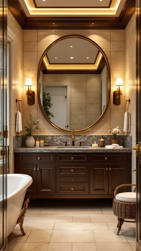 A bathroom with chocolate walls, warm lighting fixtures, and a cozy atmosphere.