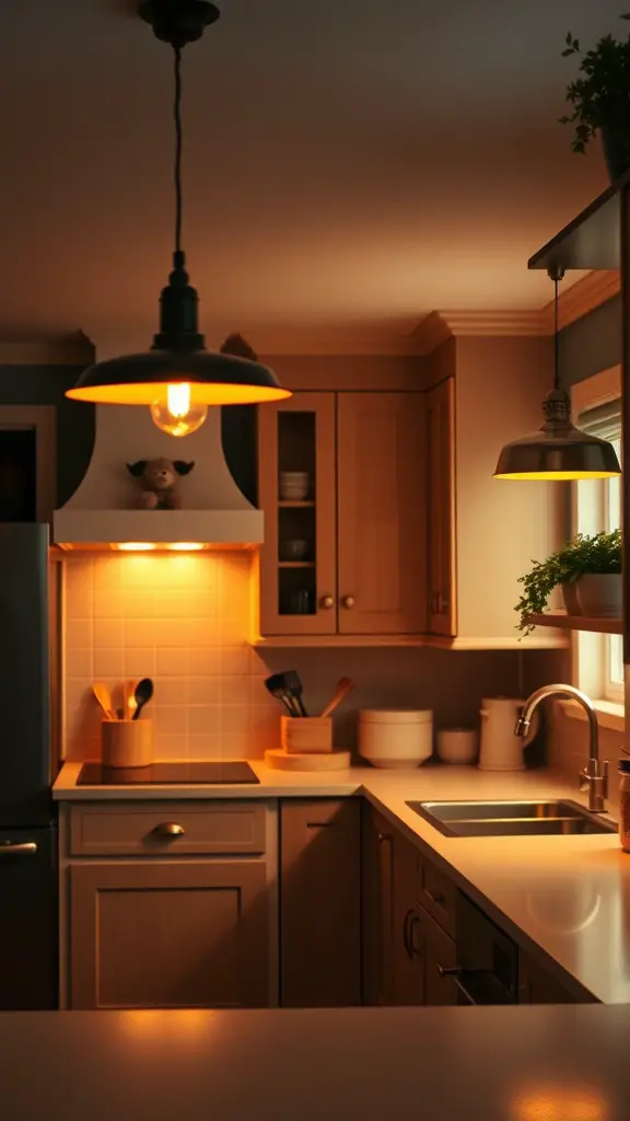 Cozy kitchen with warm lighting and wooden cabinetry.