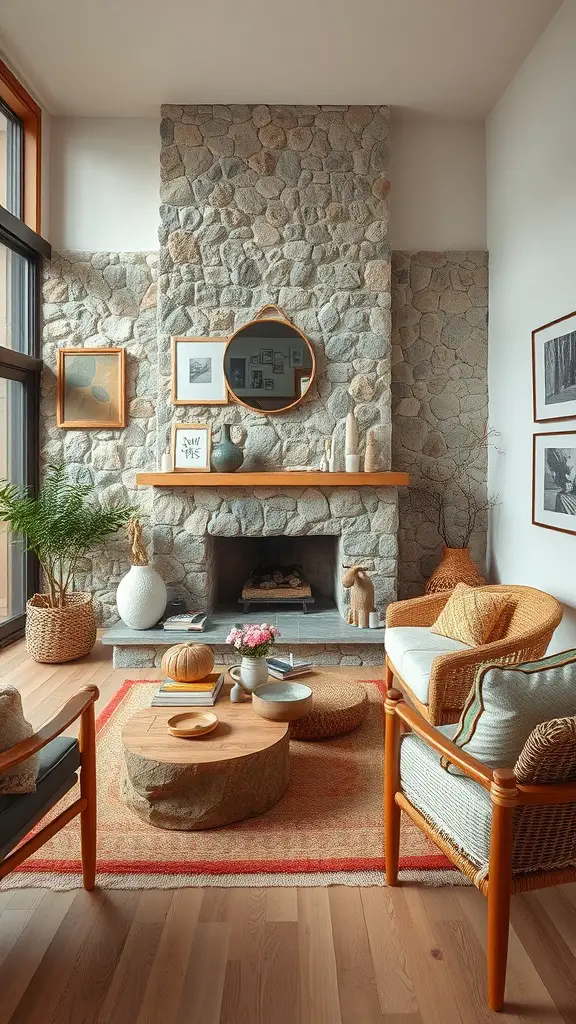A cozy living room featuring a stone fireplace, warm natural textures, and inviting furnishings.
