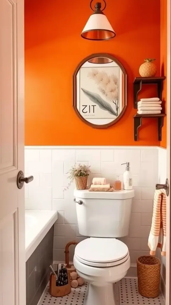 Cozy bathroom with vibrant orange walls, white fixtures, and natural decor elements.
