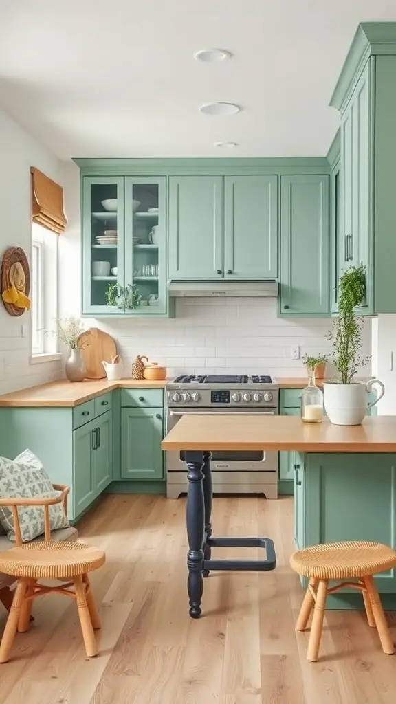 A kitchen featuring warm seafoam green cabinets, wooden countertops, and cheerful accessories.