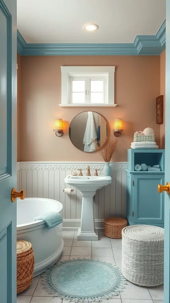 A warm taupe and ocean blue bathroom with a cozy atmosphere.