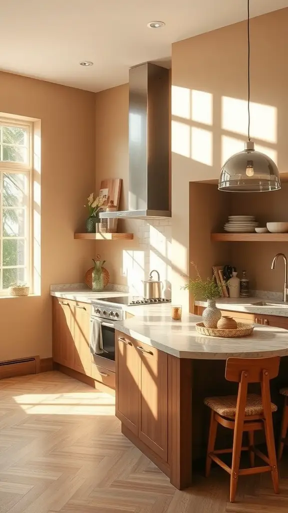 A warm taupe kitchen featuring wooden cabinets and natural light.