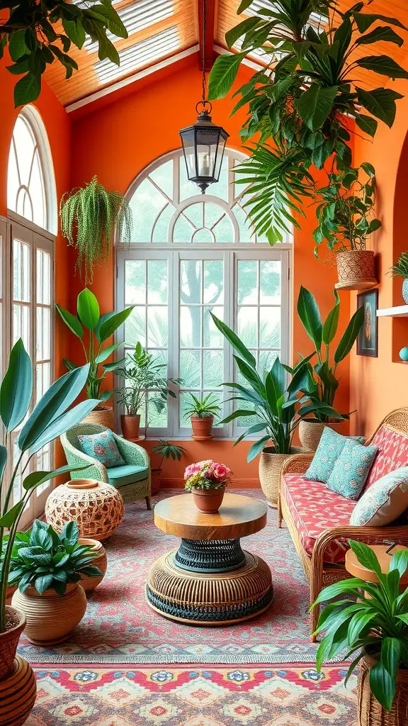Cozy bohemian room with warm terracotta walls, plants, and rattan furniture