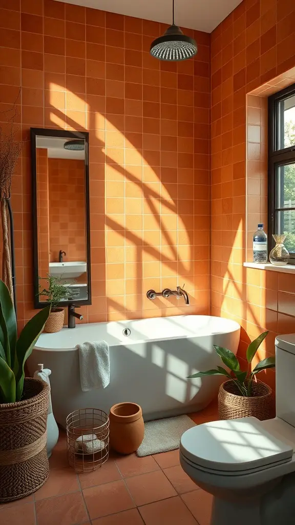 A bathroom with warm terracotta wall tiles, a white bathtub, and green plants in woven baskets.