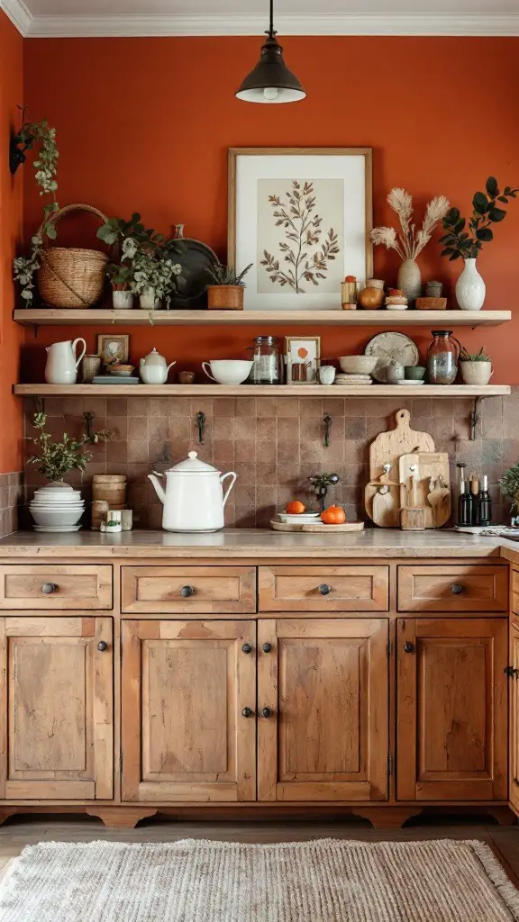 A cozy kitchen with terracotta walls and natural wood accents, featuring shelves with pottery and plants.