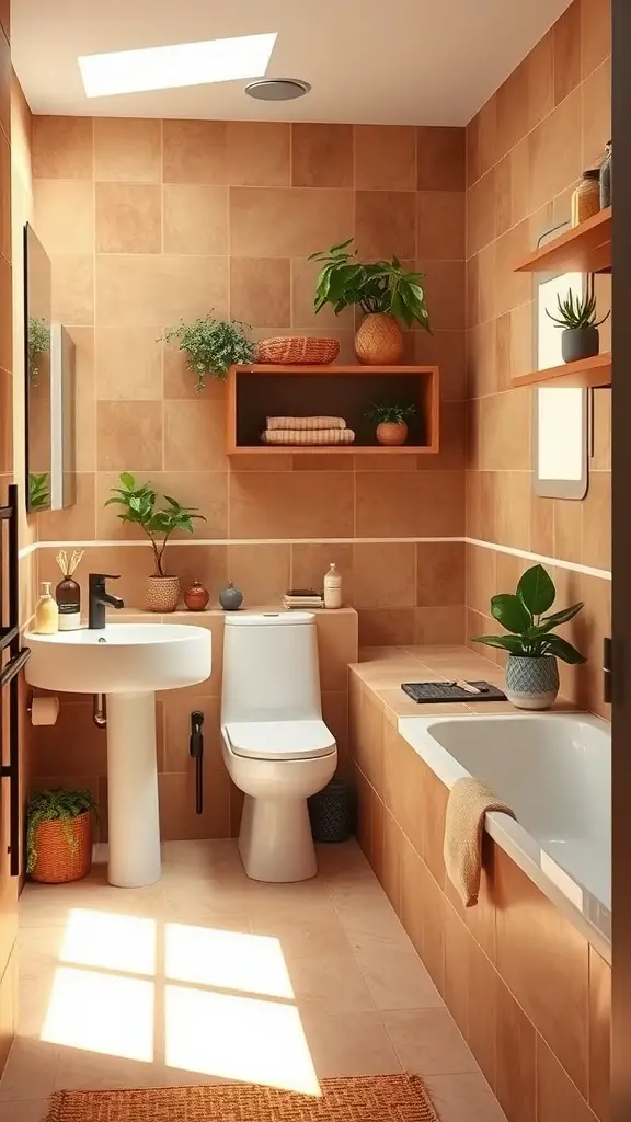 A cozy bathroom with warm terracotta accents, featuring earthy tiles, wooden shelves with plants, and plenty of natural light.