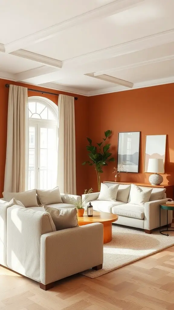 A cozy living room featuring warm terracotta walls, soft beige furniture, and natural light.