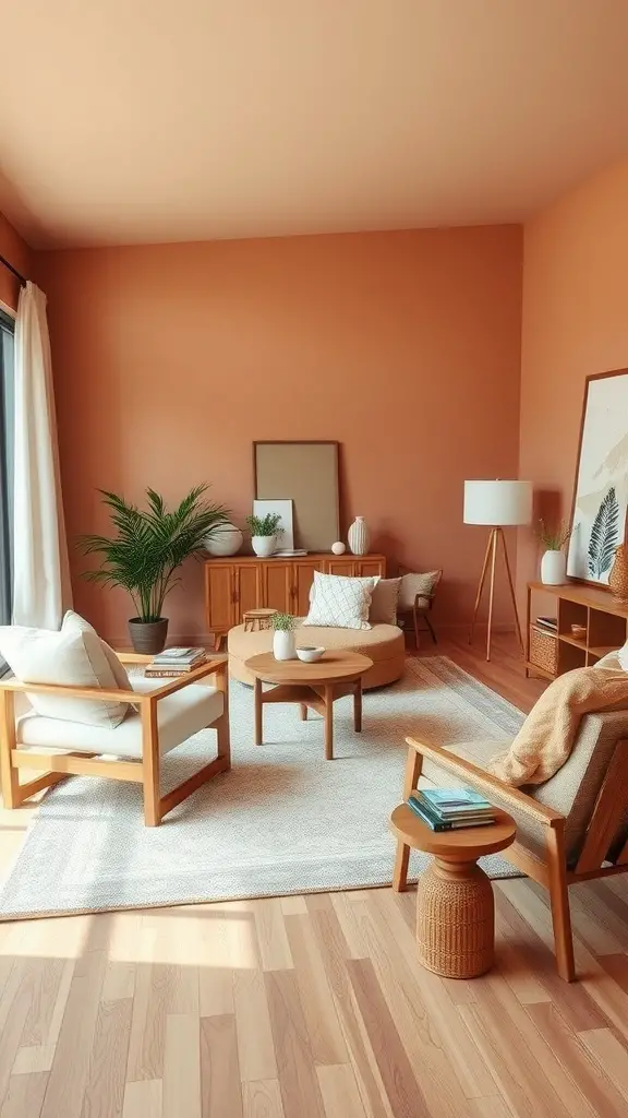 A cozy living room featuring warm terracotta walls, wooden furniture, and a bright atmosphere.
