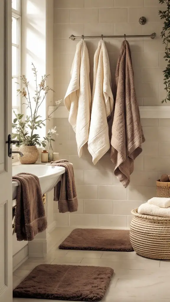 A warm bathroom featuring an elegant freestanding bathtub with chocolate and cream textiles, including rugs and towels.