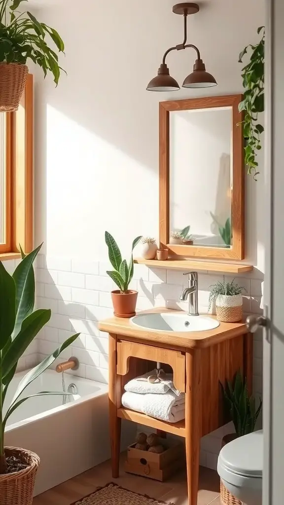 A cozy bathroom featuring wooden accents, plants, and natural light.