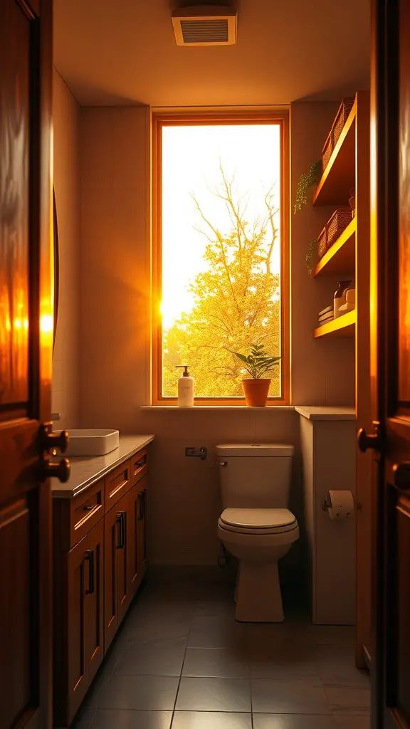 A cozy bathroom featuring warm wood elements and a sunset glow through the window.