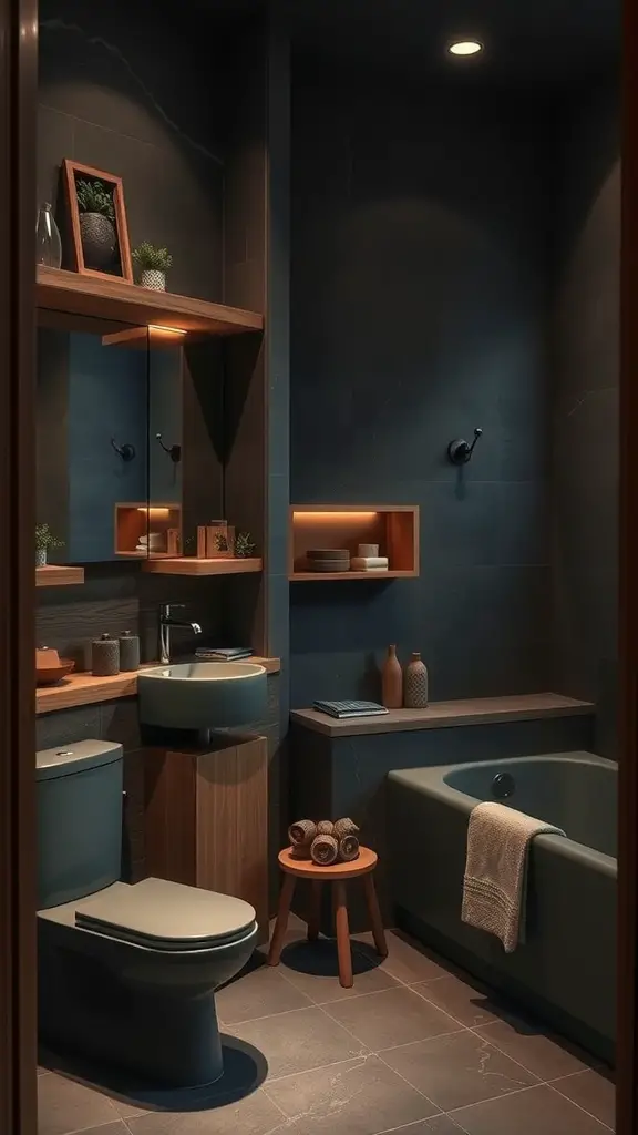 A cozy bathroom featuring dark tiles, warm wood elements, and soft lighting.