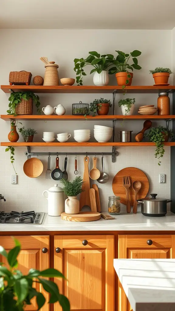 A cozy kitchen with warm wooden accents featuring open shelves adorned with plants, ceramic dishes, and cooking utensils.