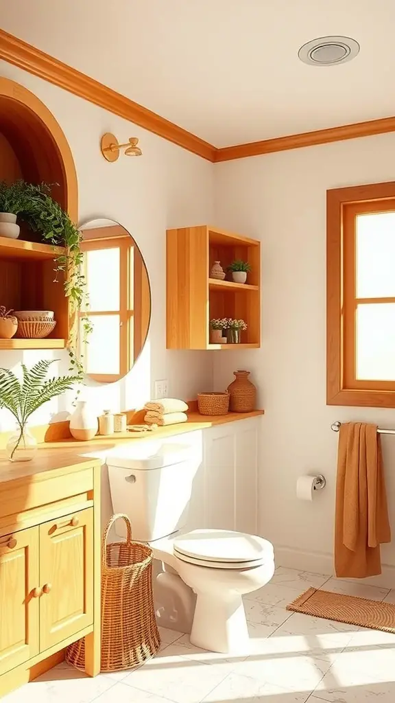 A bright bathroom featuring warm wooden elements including cabinetry and shelves, with a cozy, inviting atmosphere.