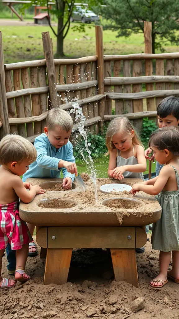 Children playing at a water and sand mix station with a sand table and fountain