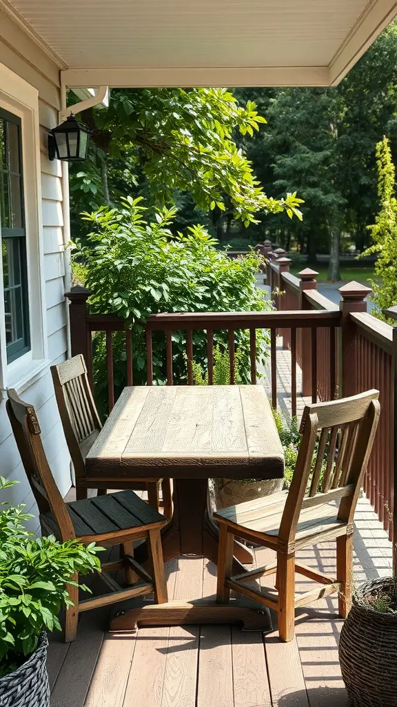 A cozy porch with weathered wood furniture, surrounded by greenery.