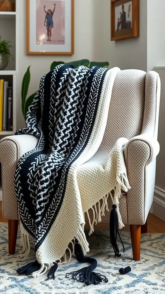 A stylish black and white throw blanket draped over a cozy chair in a living room setting.