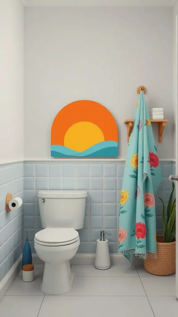 A bright bathroom with a colorful sunrise mural, blue tiles, and floral towel
