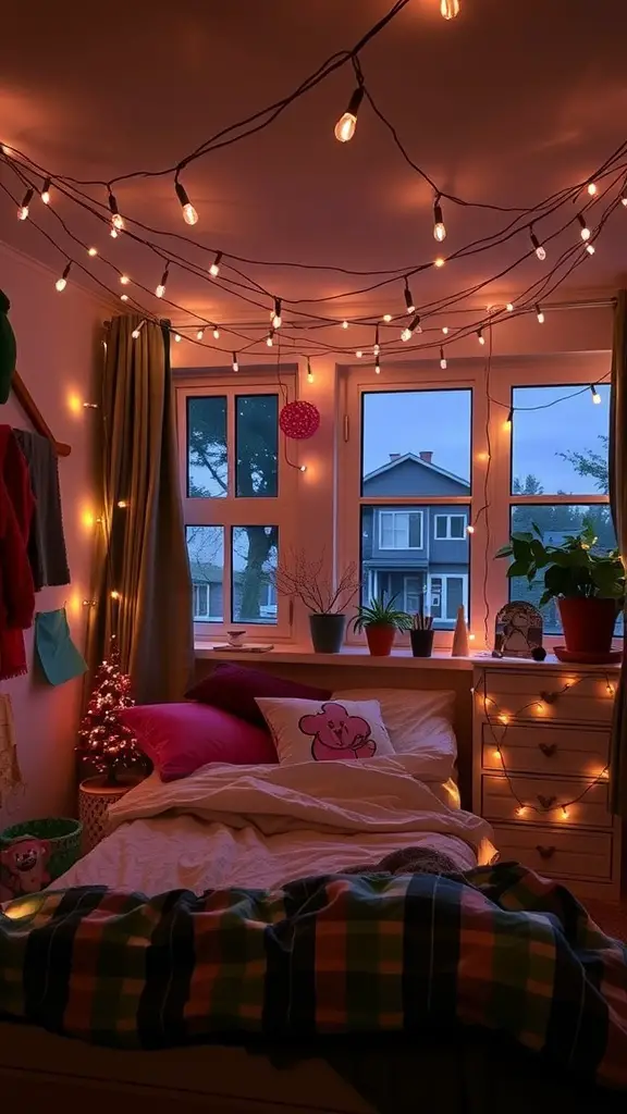 A cozy room with fairy lights hanging from the ceiling, colorful pillows on the bed, and plants by the windows