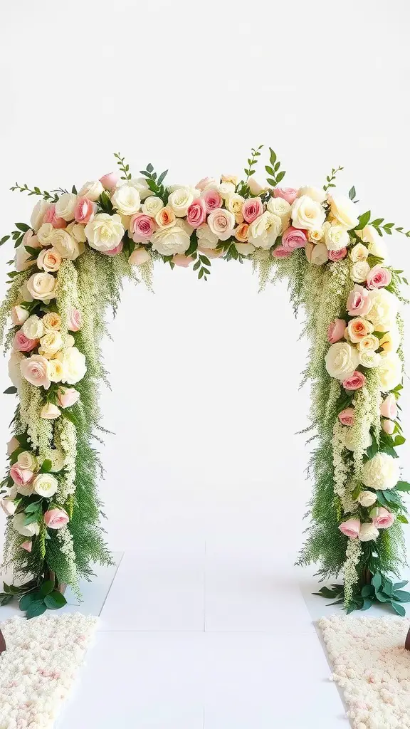 A floral archway decorated with pink and cream roses and greenery, creating a dreamy ceremony entrance.