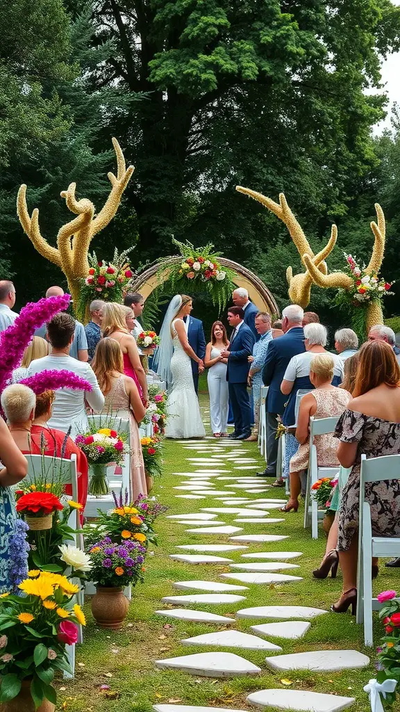 A whimsical garden wedding ceremony with guests seated on white chairs along a stone path, surrounded by colorful flowers and a beautifully decorated arch.