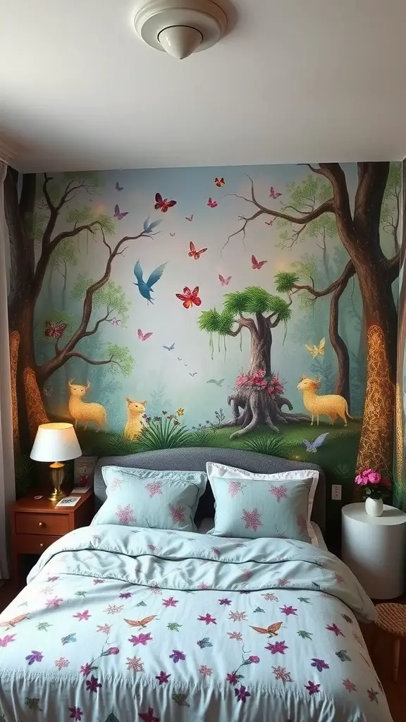 Colorful wall mural featuring trees, deer, and butterflies in a cozy bedroom.