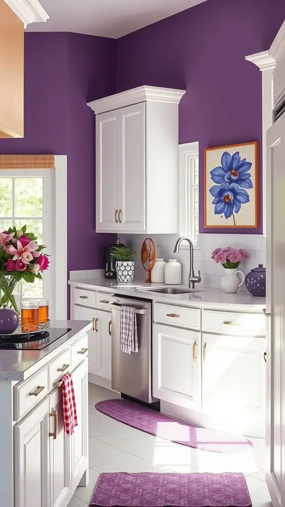 A modern kitchen with white cabinets and grape purple accents, featuring a purple ceiling and decor.