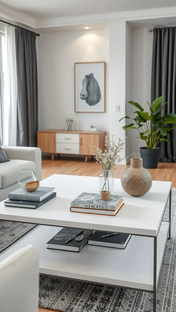 A stylish living room featuring a white coffee table adorned with grey accessories, books, and a vase.