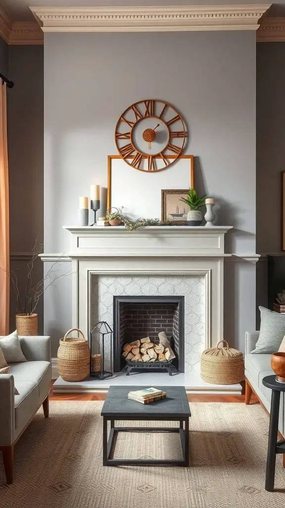 A stylish living room featuring a white fireplace with a grey mantel, adorned with decorative items and surrounded by light grey sofas.