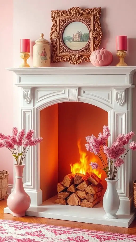 A stylish white fireplace adorned with pink decor, featuring a wreath, bottles, and floral arrangements.