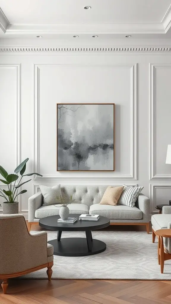 Living room with white walls, grey artwork, and neutral furniture