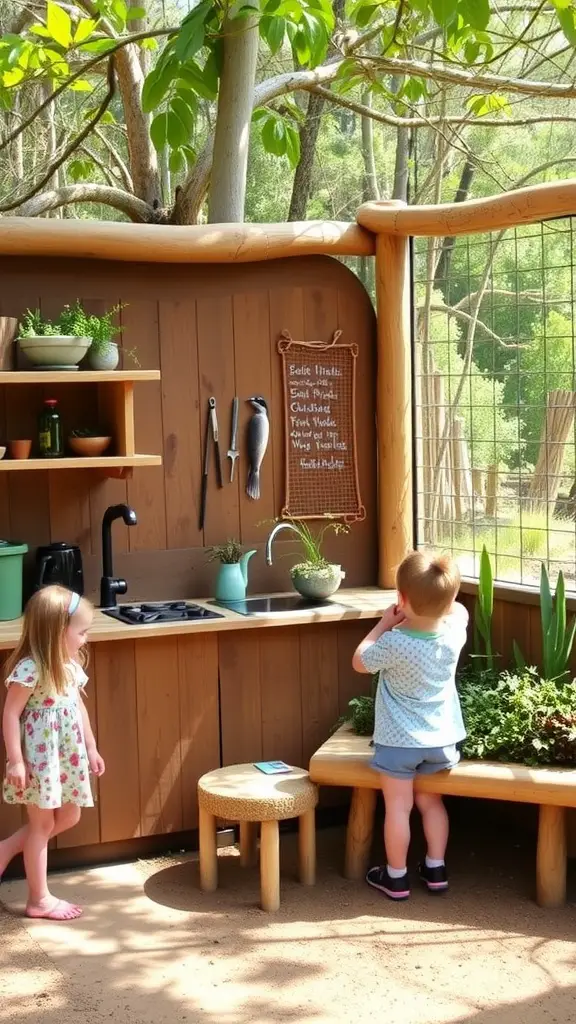Children enjoying a mud kitchen while observing birds in a natural setting.