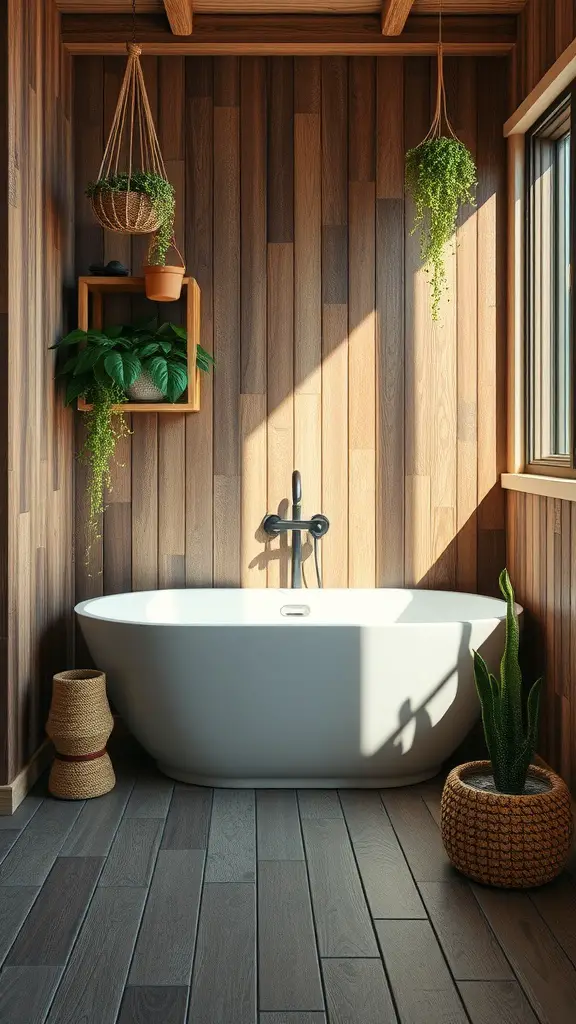 A rustic bathroom featuring wood-look tiles, a white soaking tub, and hanging plants.