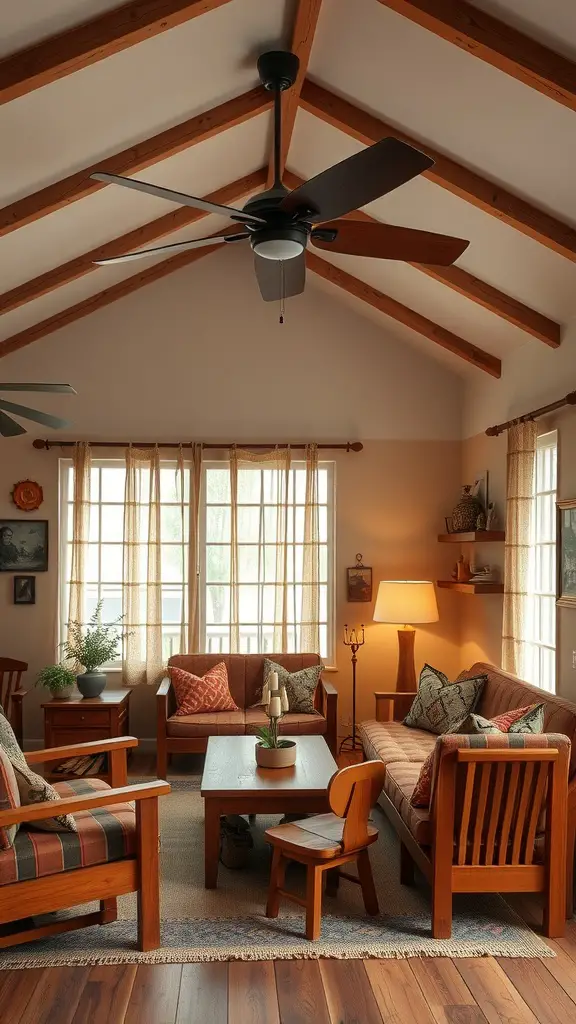 Cozy living room with wooden beams, wooden furniture, and natural light