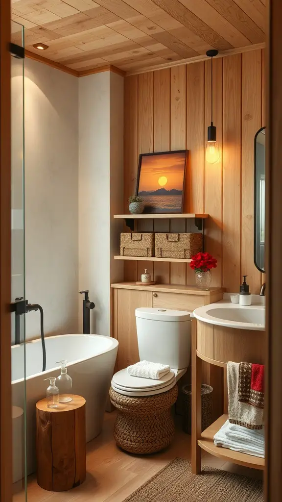 A warm wood-themed bathroom with wooden walls, floor, and furniture, featuring a round mirror and stylish decor.