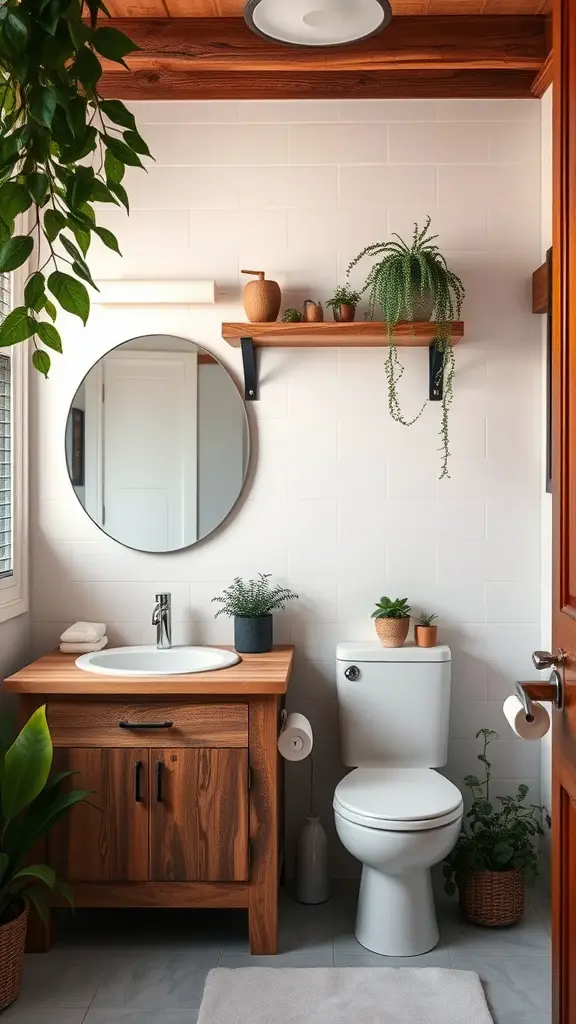 A rustic bathroom with wooden accents, featuring a wooden vanity, round mirror, and greenery all around