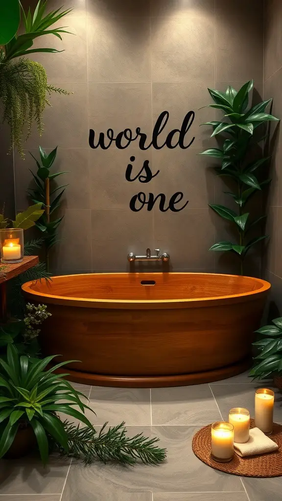 A wooden bathtub surrounded by plants and candles in a serene bathroom setting.