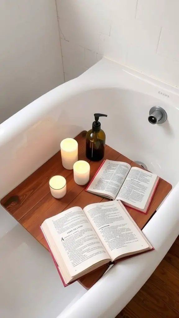 A wooden bathtub tray with candles and an open book on a white bathtub