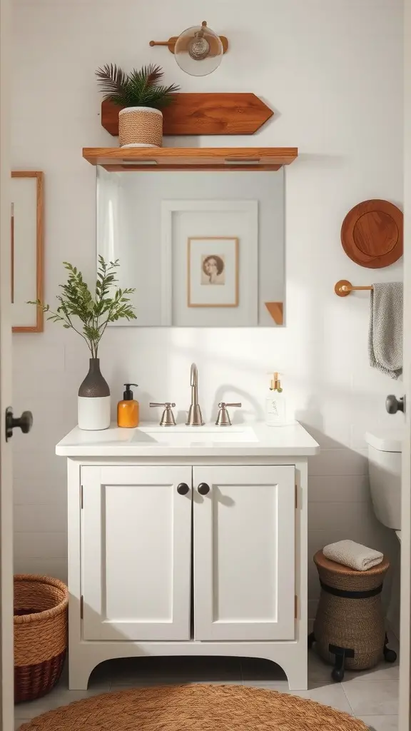 A bathroom featuring a white vanity with wooden elements, including a shelf and round accents, complemented by woven baskets and a soft rug.