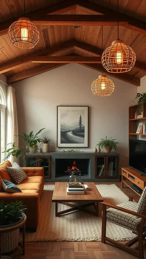 Cozy living room with wooden fixtures, warm lighting, and earthy tones.