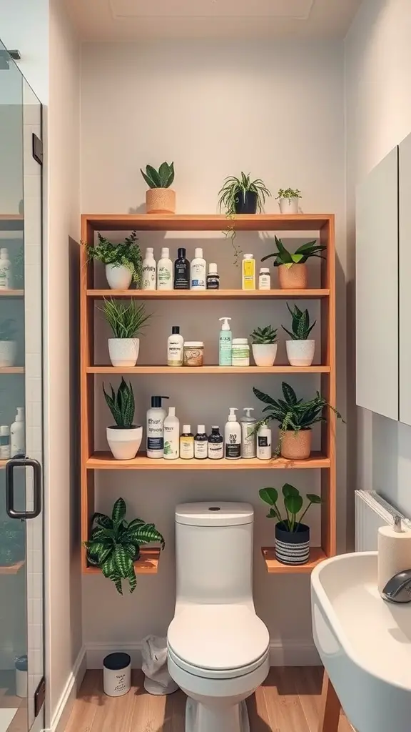 Wooden shelving unit in a bathroom displaying toiletries and plants.
