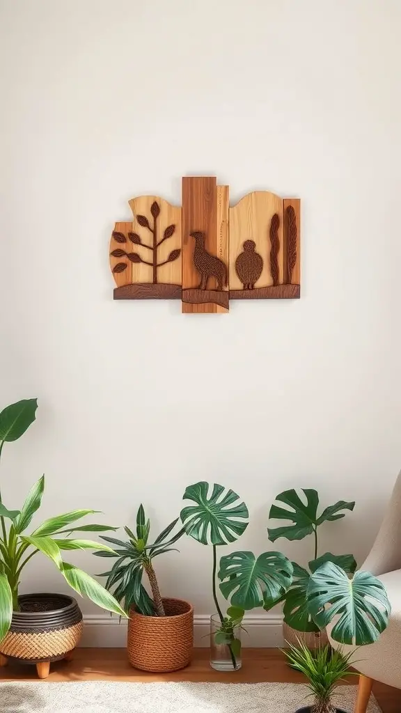Wooden wall art featuring nature-inspired designs with plants and birds, displayed above potted plants.