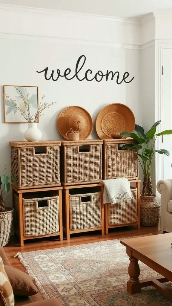 A cozy living area with woven baskets for storage, potted plants, and decorative wall elements.