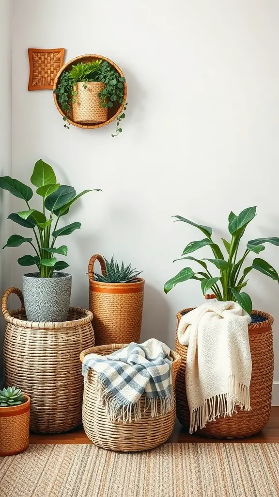 A cozy arrangement of woven baskets with plants and a blanket for storage.