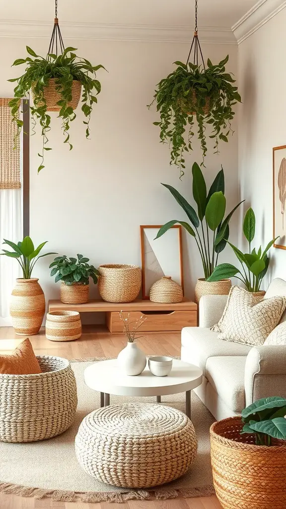 A cozy living room featuring various woven baskets in natural colors, with plants and a light-colored sofa.
