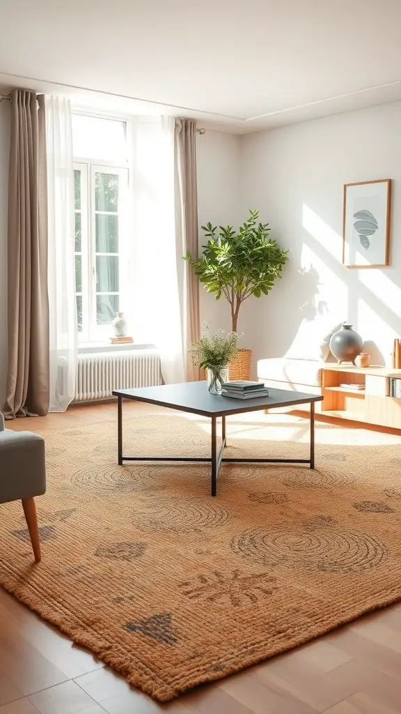 A cozy living room with a woven jute area rug, light-colored curtains, and a green plant.