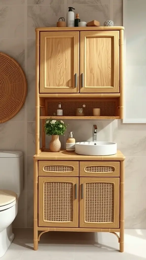 A bathroom cabinet featuring woven rattan doors, a modern sink, and a natural decor theme.