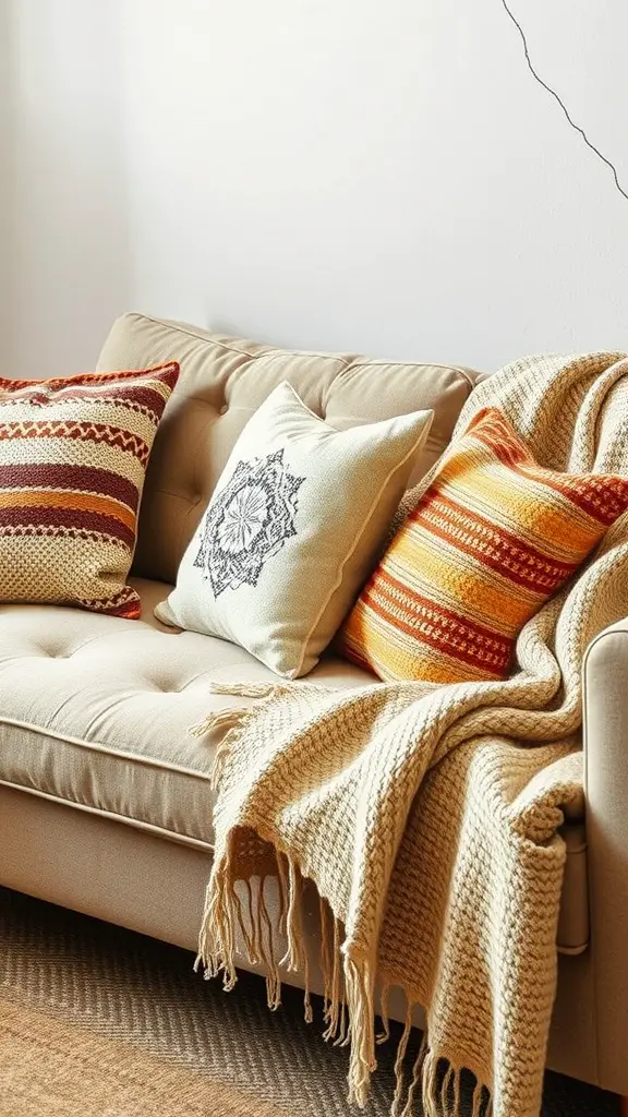 A cozy sofa with colorful woven pillows and a chunky knit throw, showcasing earthy retro home decor.